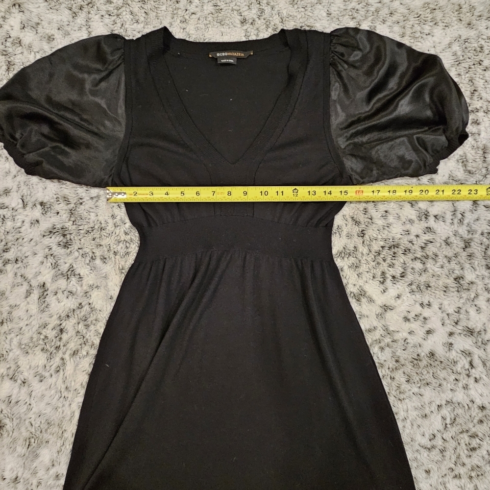 BCBGMaxazria SZ S Black Silk Mini Dress Puff Short Sleeve Babydoll Romantic - Picture 8 of 10